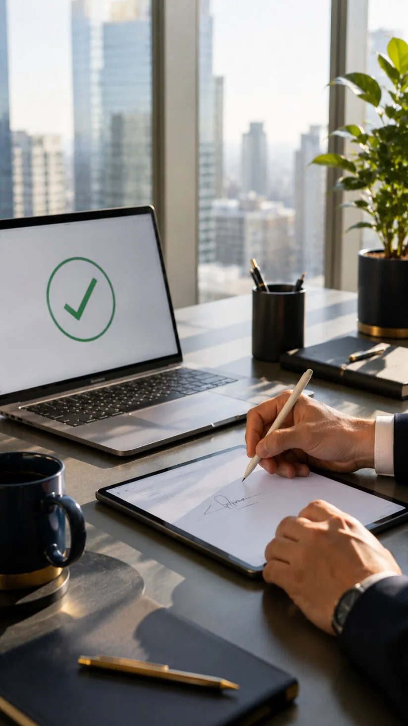 A signed document beside a laptop showing a green approval checkmark