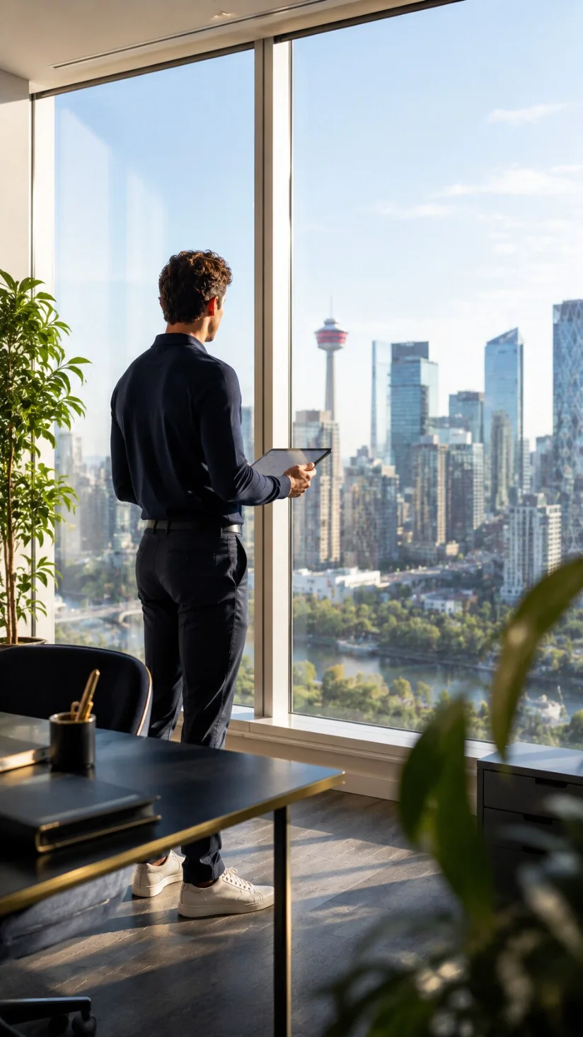 AIVARA founder reviewing a bid on a tablet, Calgary skyline beyond the window