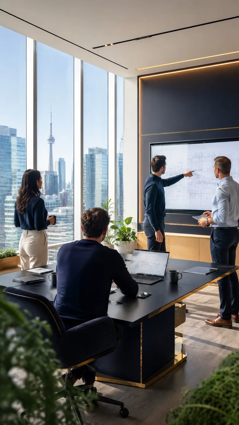 Construction professionals reviewing project plans in a meeting room