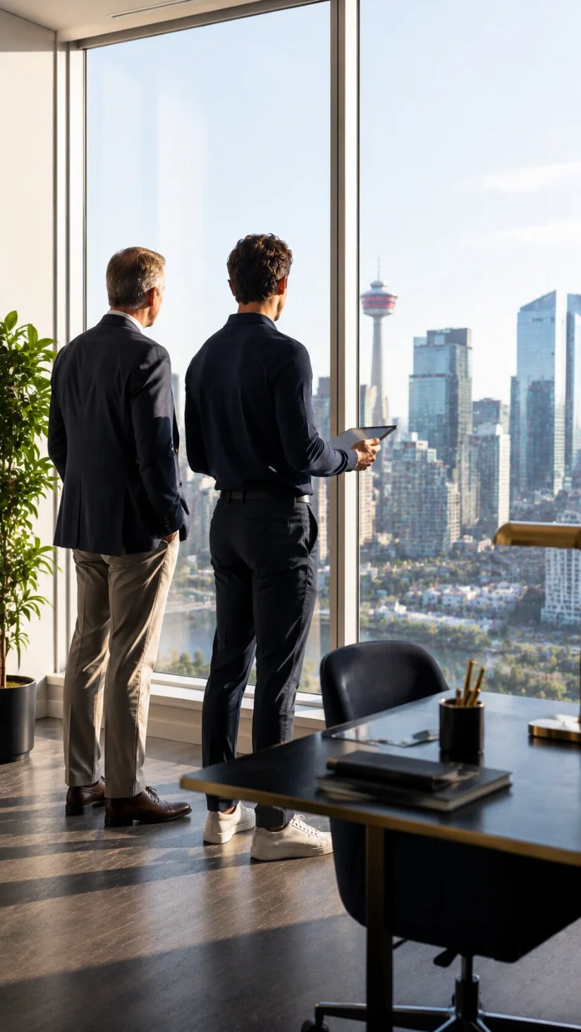 Two people reviewing a proposal at a desk with the Calgary skyline beyond the window