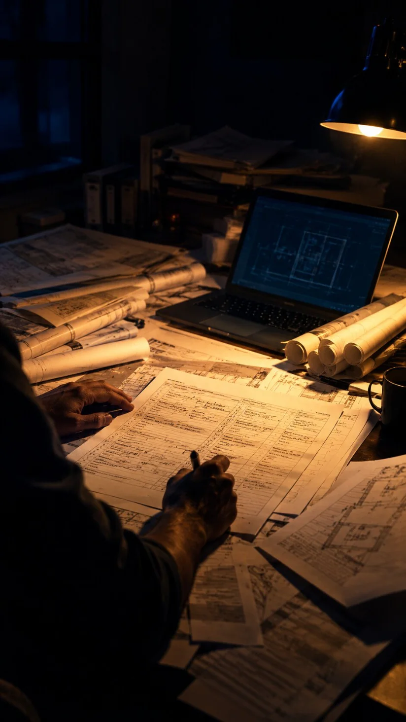 Contractor reviewing tender documents late at night under a desk lamp
