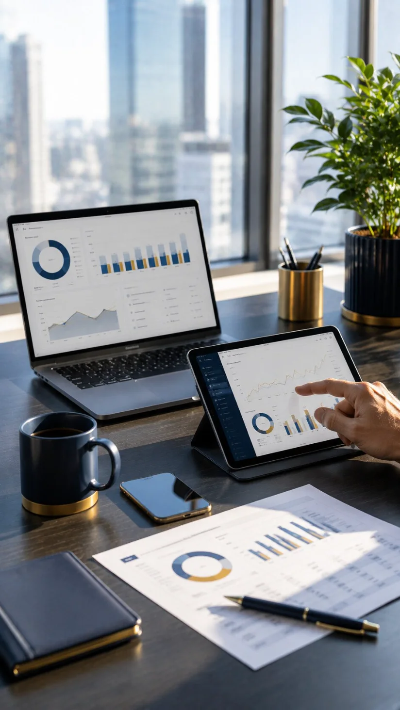 Laptop and tablet showing clear bid performance dashboards